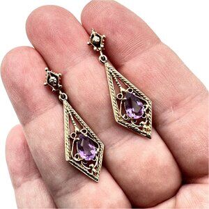 Vintage 10K Yellow Gold Amethyst Pierced Chandelier 1.5 Inch Earrings 4.5 Grams